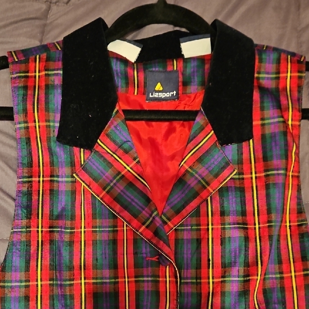 Vintage Red, Black, Green, Yellow, Purple Plaid Vest, Sz L, Velvet Collar, EUC! - Picture 6 of 11